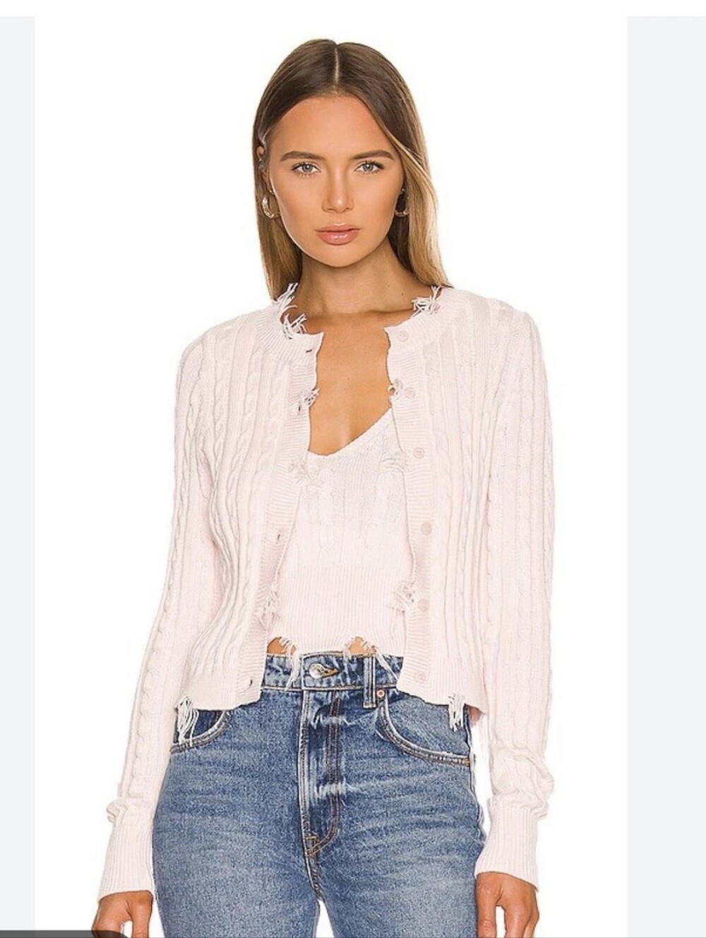 525 America Pink Distressed Cable Knit Cardigan Sweater